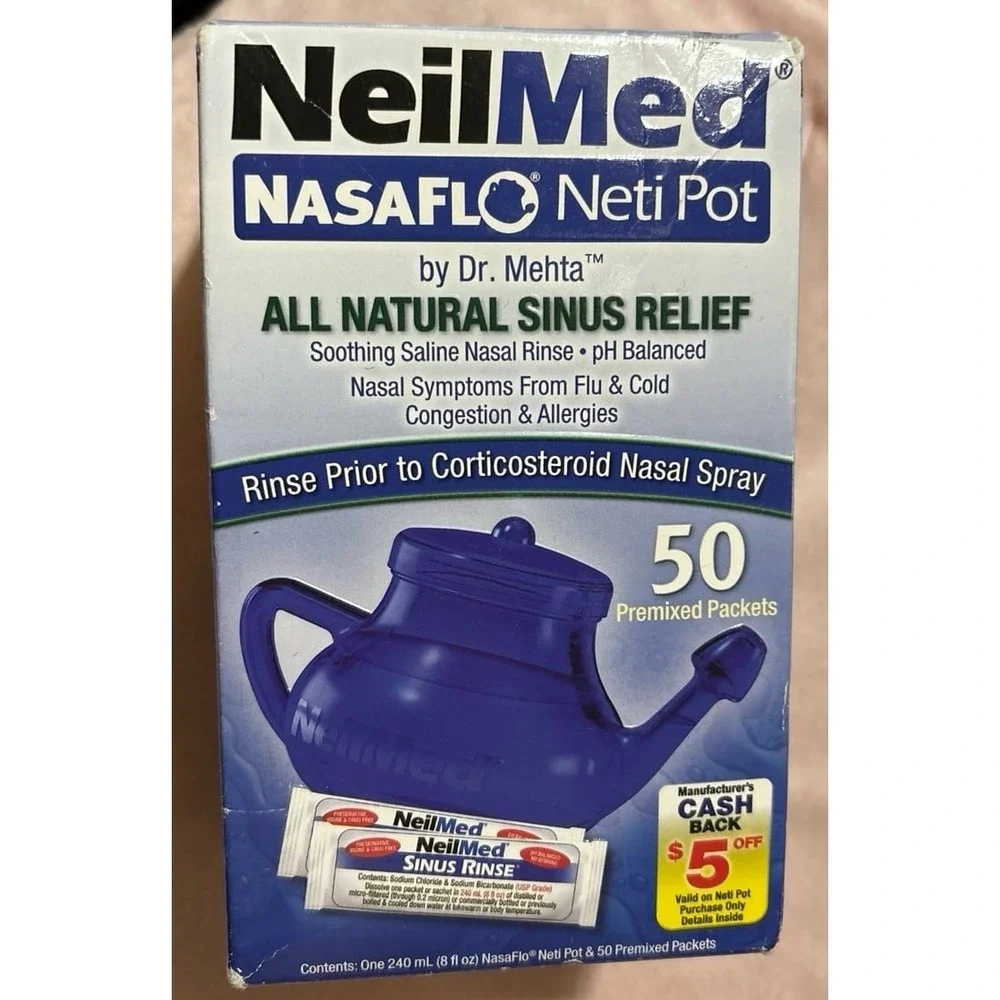 NEW NeilMed NasaFlo Unbreakable Neti Pot with 50 Premixed Packets